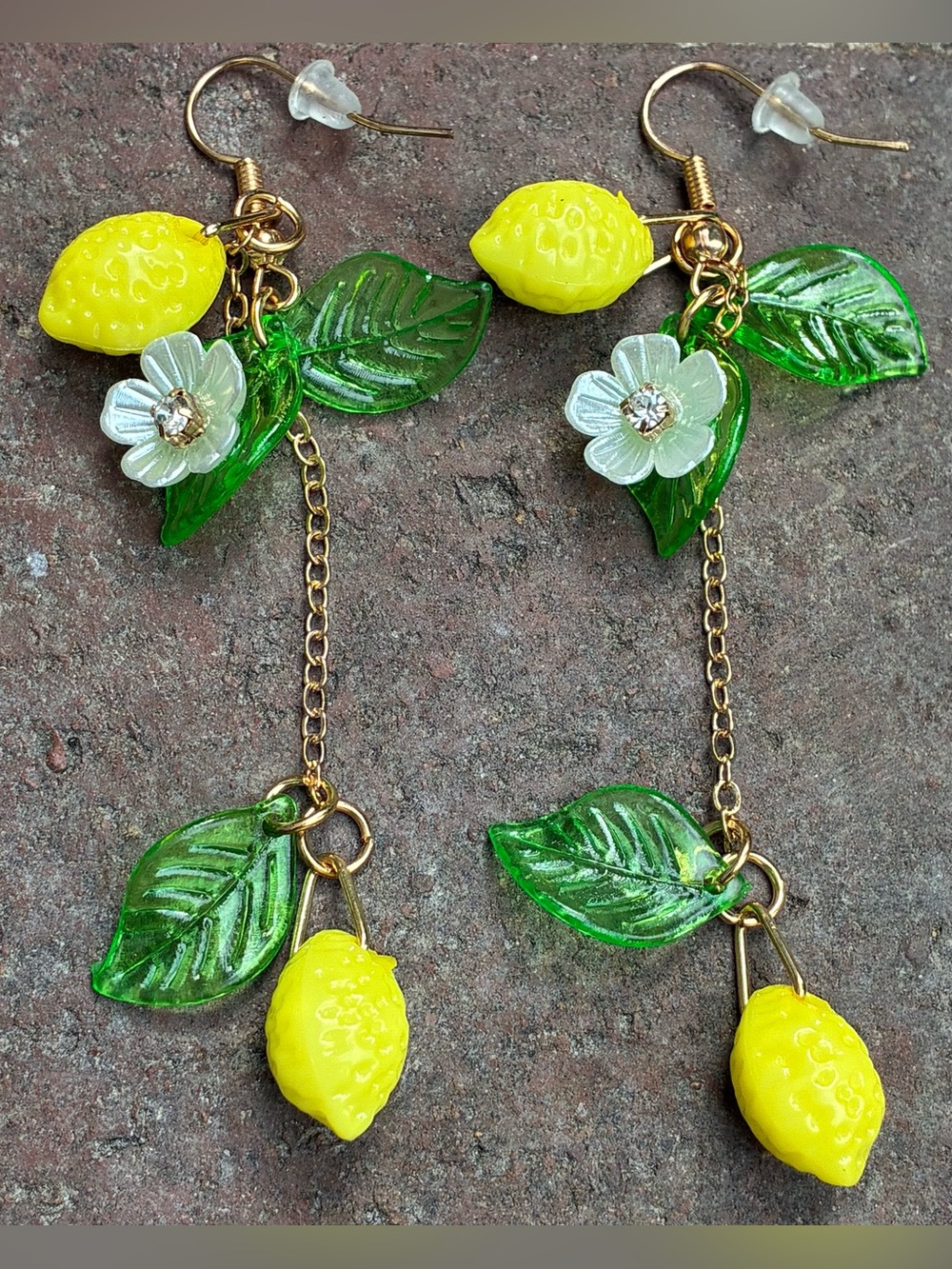 🍋 Citrus Yellow Lemon Drop Dangle Earrings with CZ, Green Leaf & Flower Accents